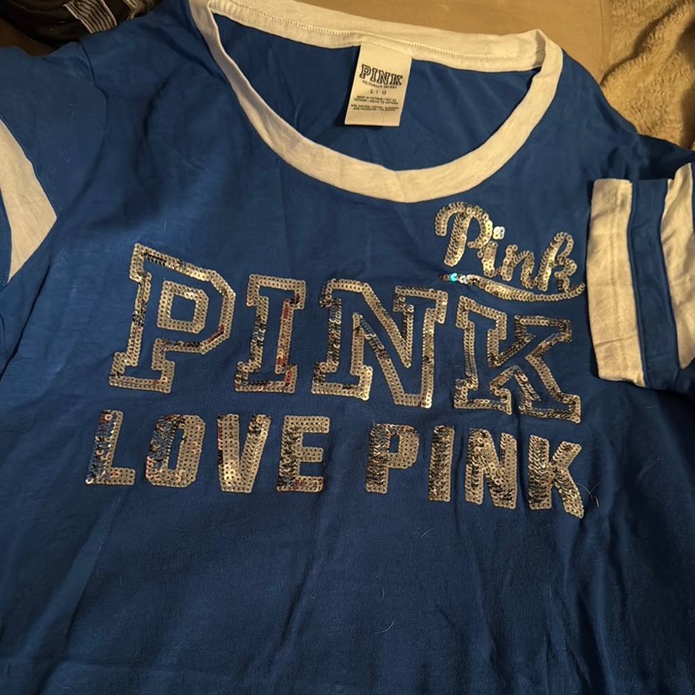 PINK Victoria's Secret Blue and White Short Sleeve Tee